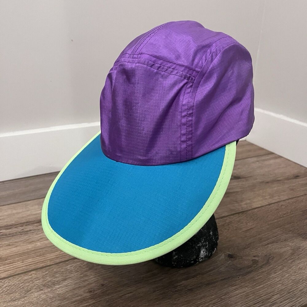 Vintage Columbia Blue Purple Neon Wide Bill Visor Beach Nylon Hat Cap 5-Panel